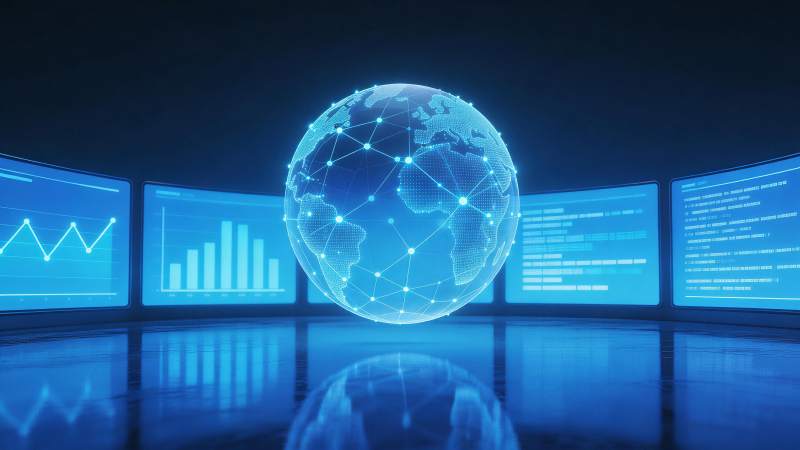 蓝色数字地球悬浮于多屏数据监控中心图片