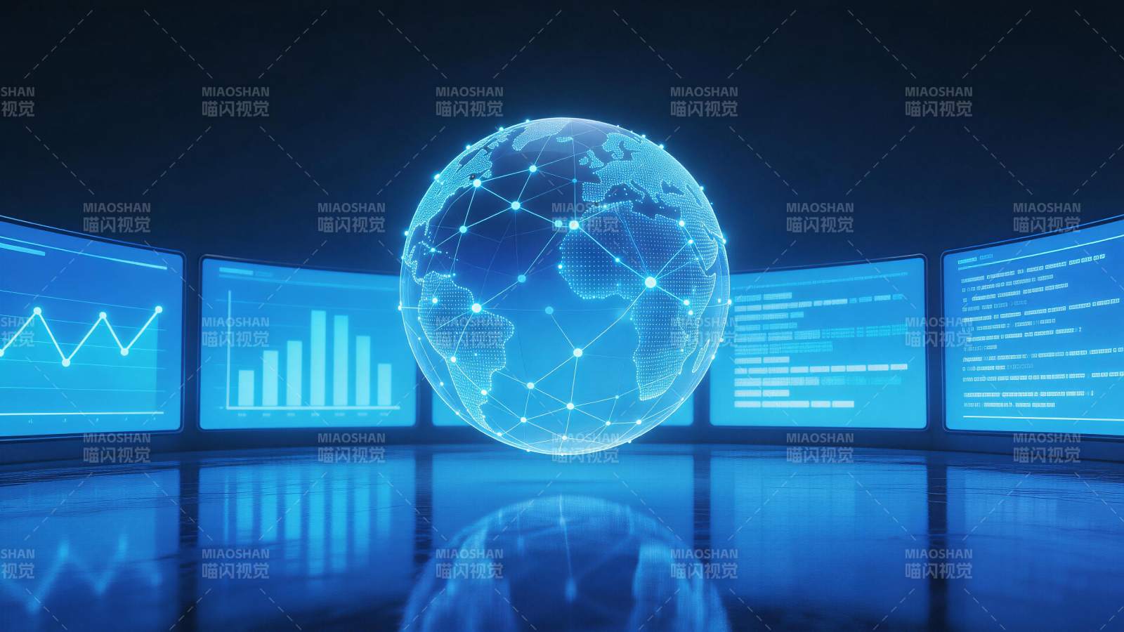 蓝色数字地球悬浮于多屏数据监控中心图片