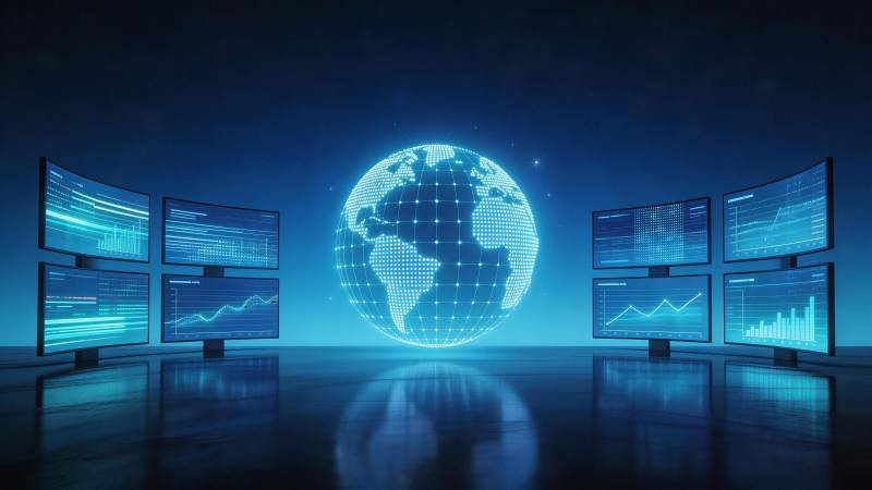 蓝色数字地球与多屏数据监控中心场景图片