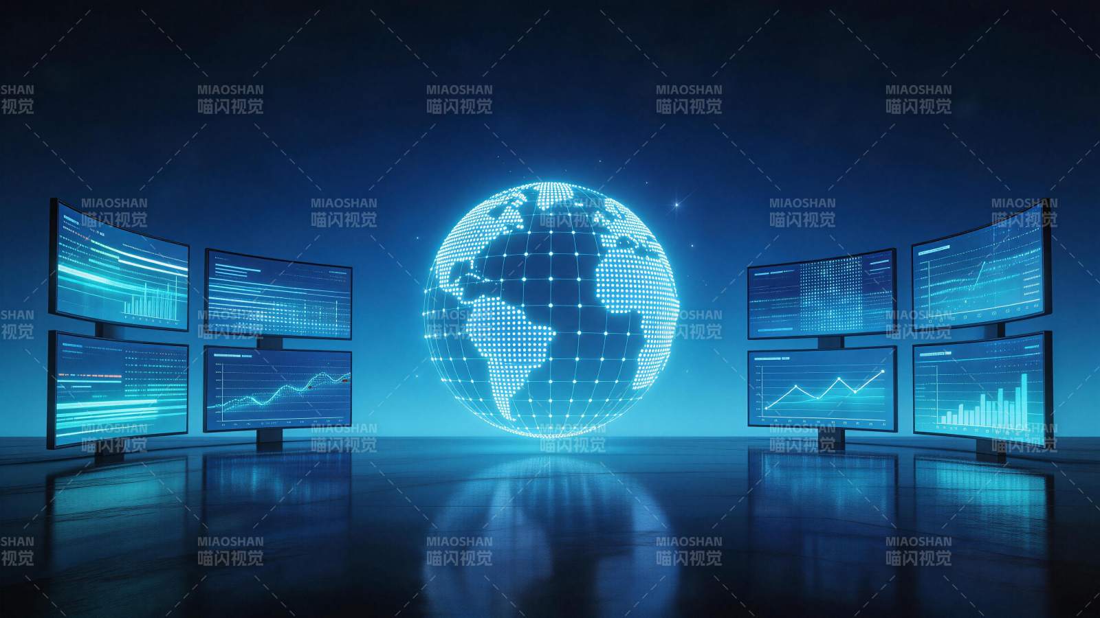 蓝色数字地球与多屏数据监控中心场景图片