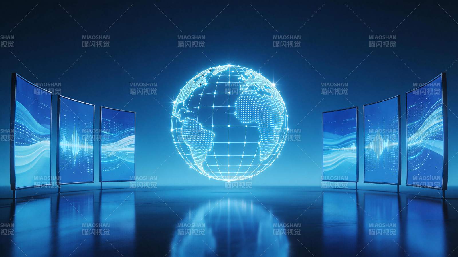 蓝色数字地球与环绕显示屏科技场景图片