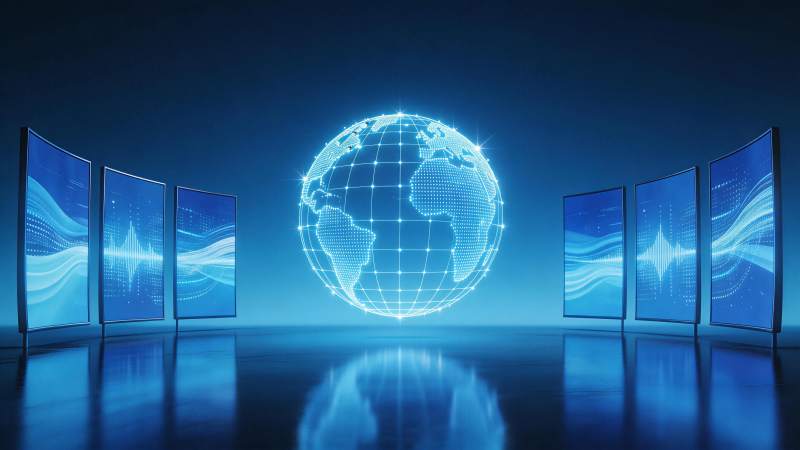 蓝色数字地球与环绕显示屏科技场景图片