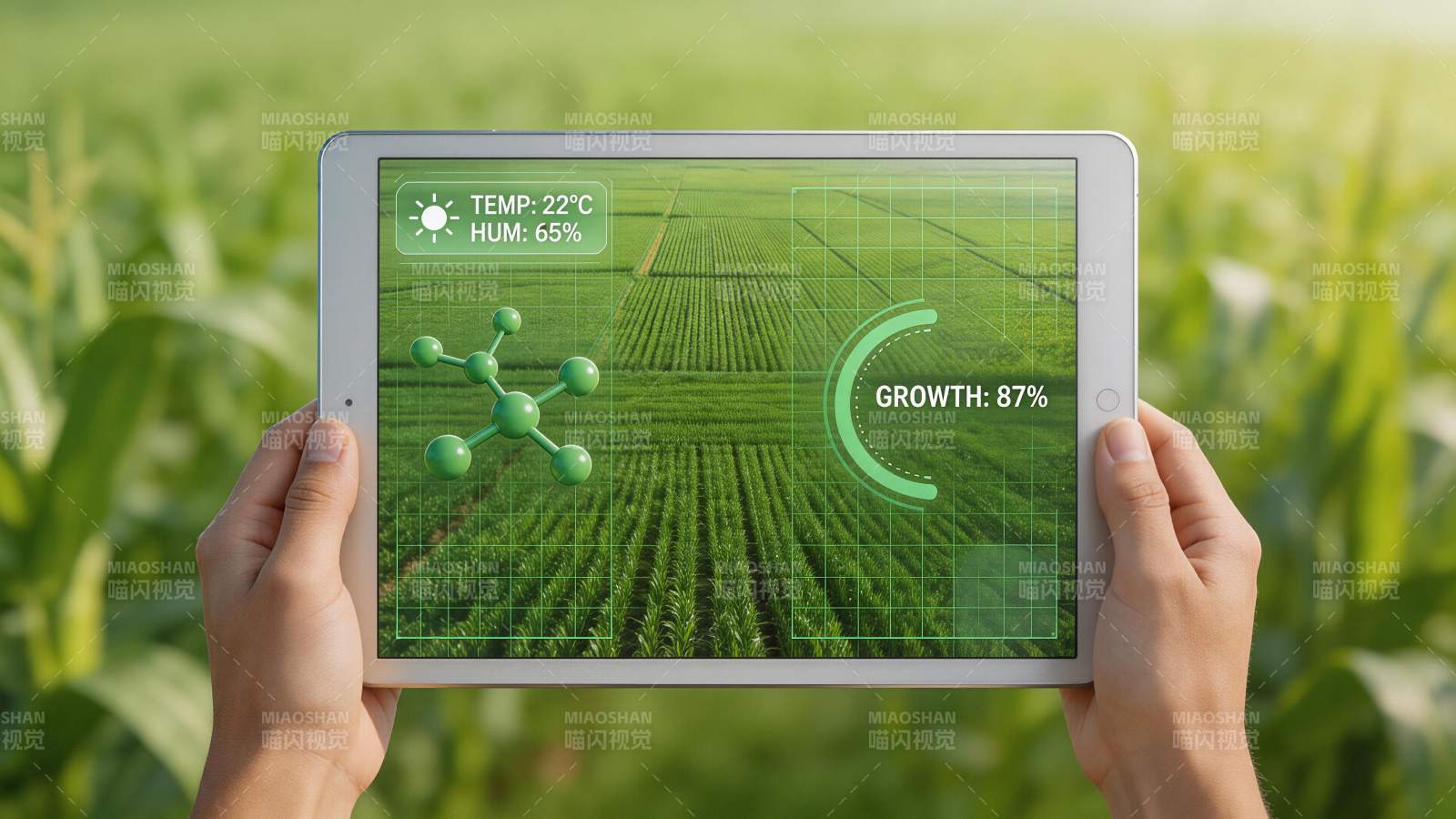 手持平板显示农田生长数据与分子结构图图片