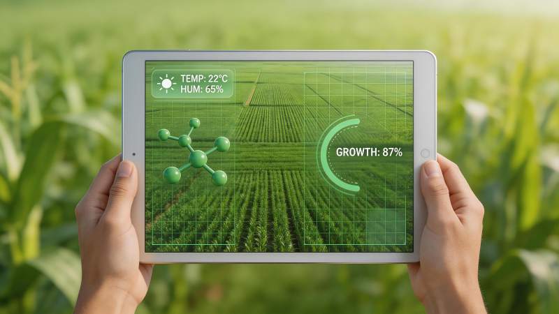 手持平板显示农田生长数据与分子结构图图片