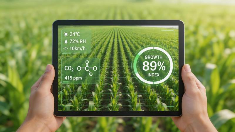 手持平板显示农田生长数据与环境参数图片