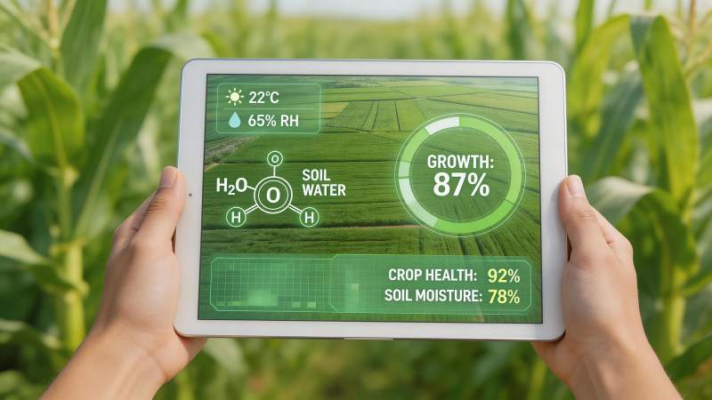 手持平板显示农田作物生长监测数据界面图片