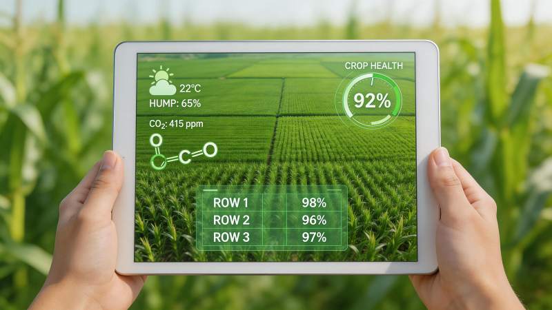 手持平板显示农田作物健康监测数据界面图片
