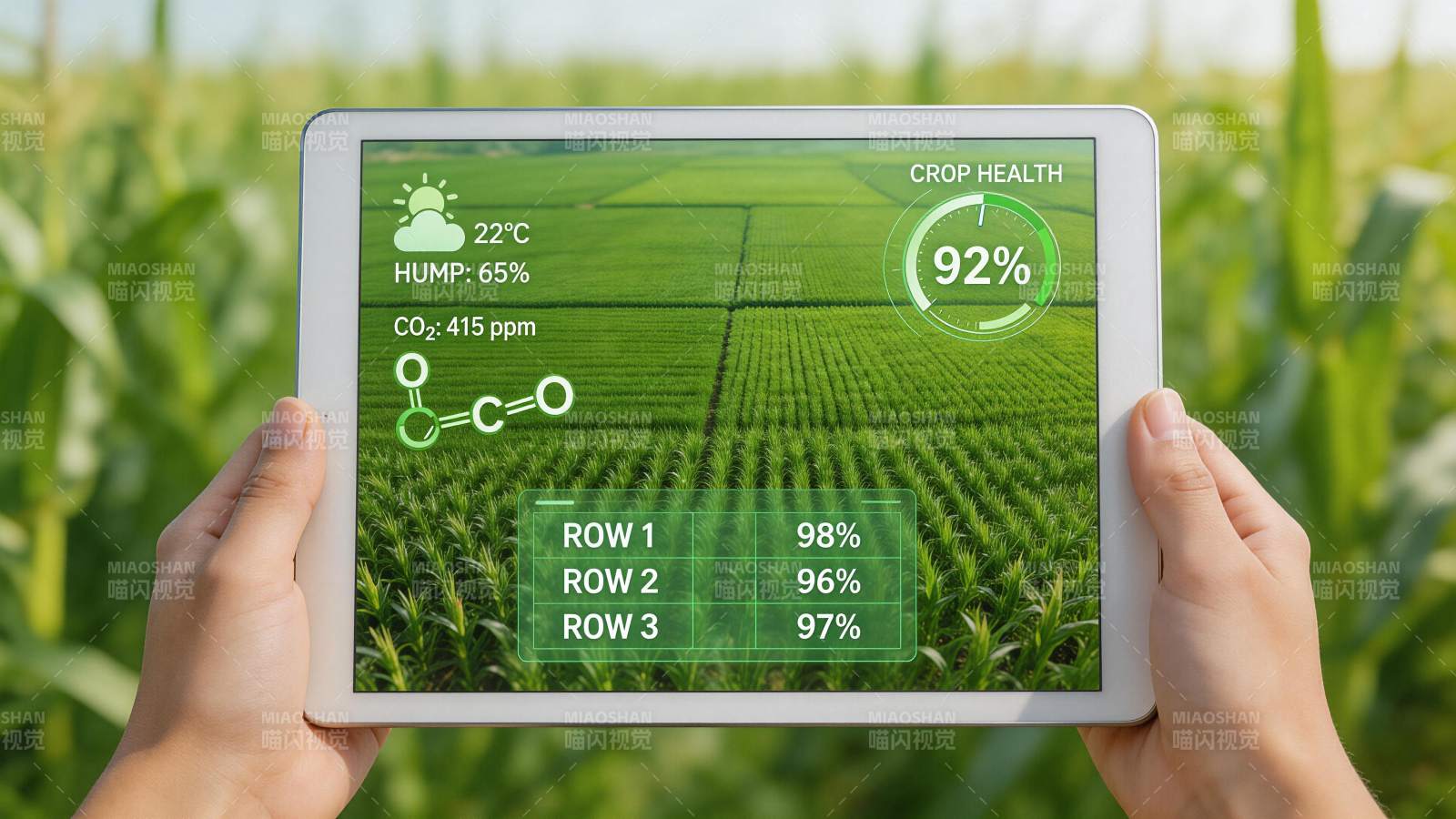 手持平板显示农田作物健康监测数据界面图片