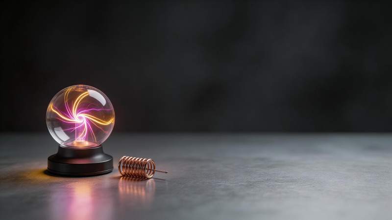 等离子球与铜线圈置于暗色台面展示图片