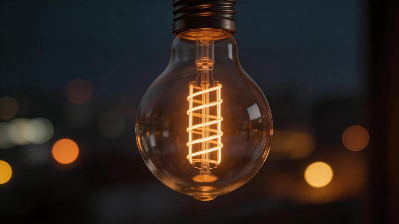 发光的螺旋钨丝白炽灯泡特写图片