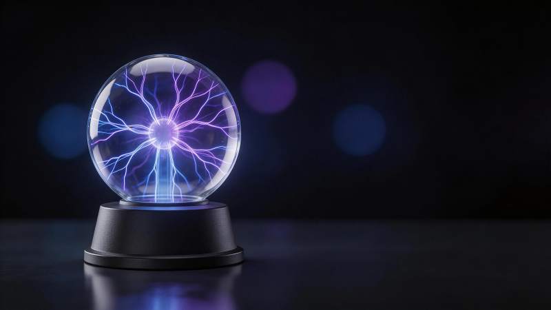 玻璃球内紫色电弧放电现象特写图片