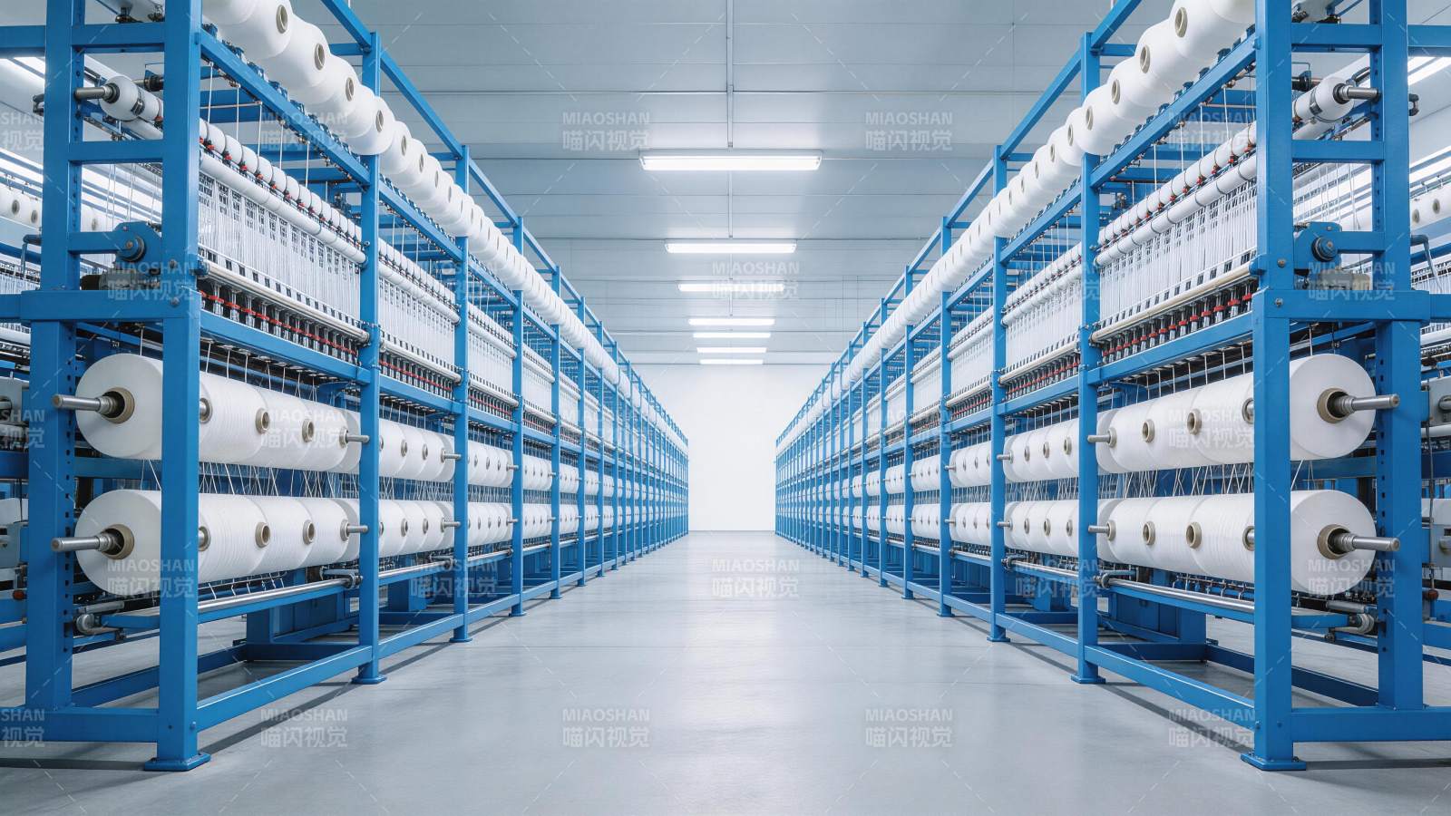 蓝色纺纱机架排列整齐的现代化纺织车间图片