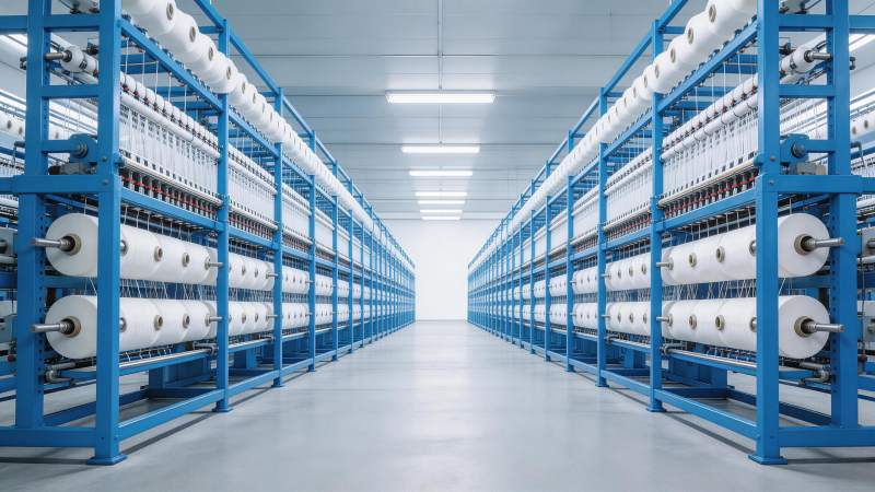 蓝色纺纱机架排列整齐的现代化纺织车间图片