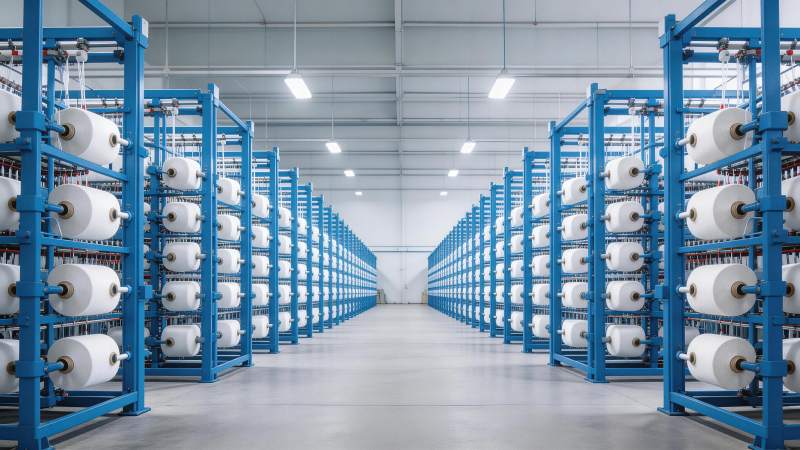 蓝色金属架上整齐排列的白色纱线卷轴车间图片