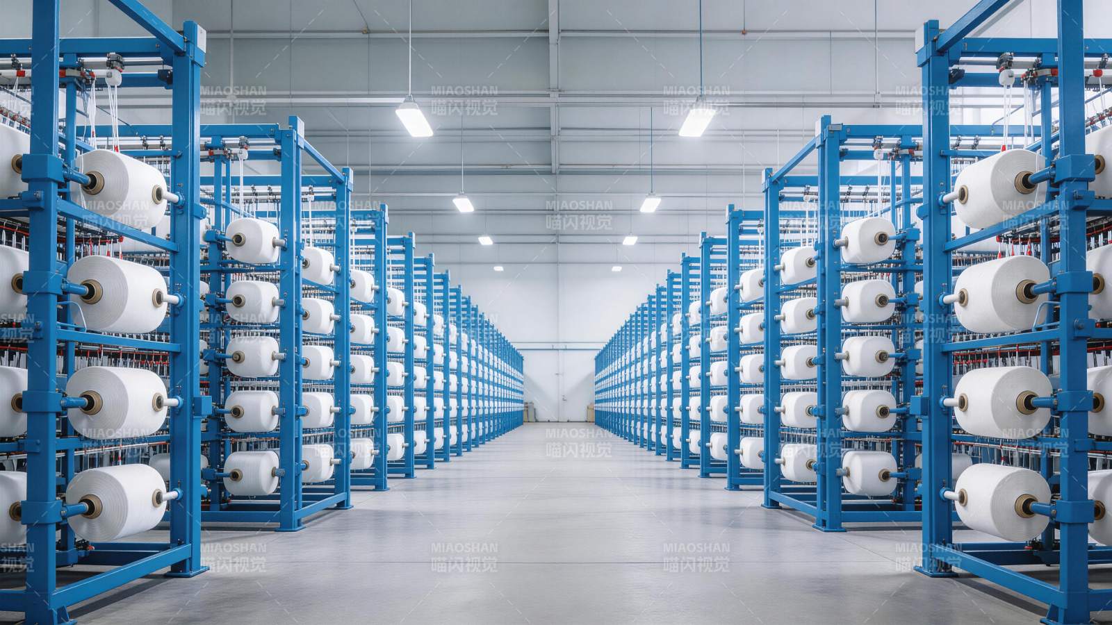 蓝色金属架上整齐排列的白色纱线卷轴车间图片