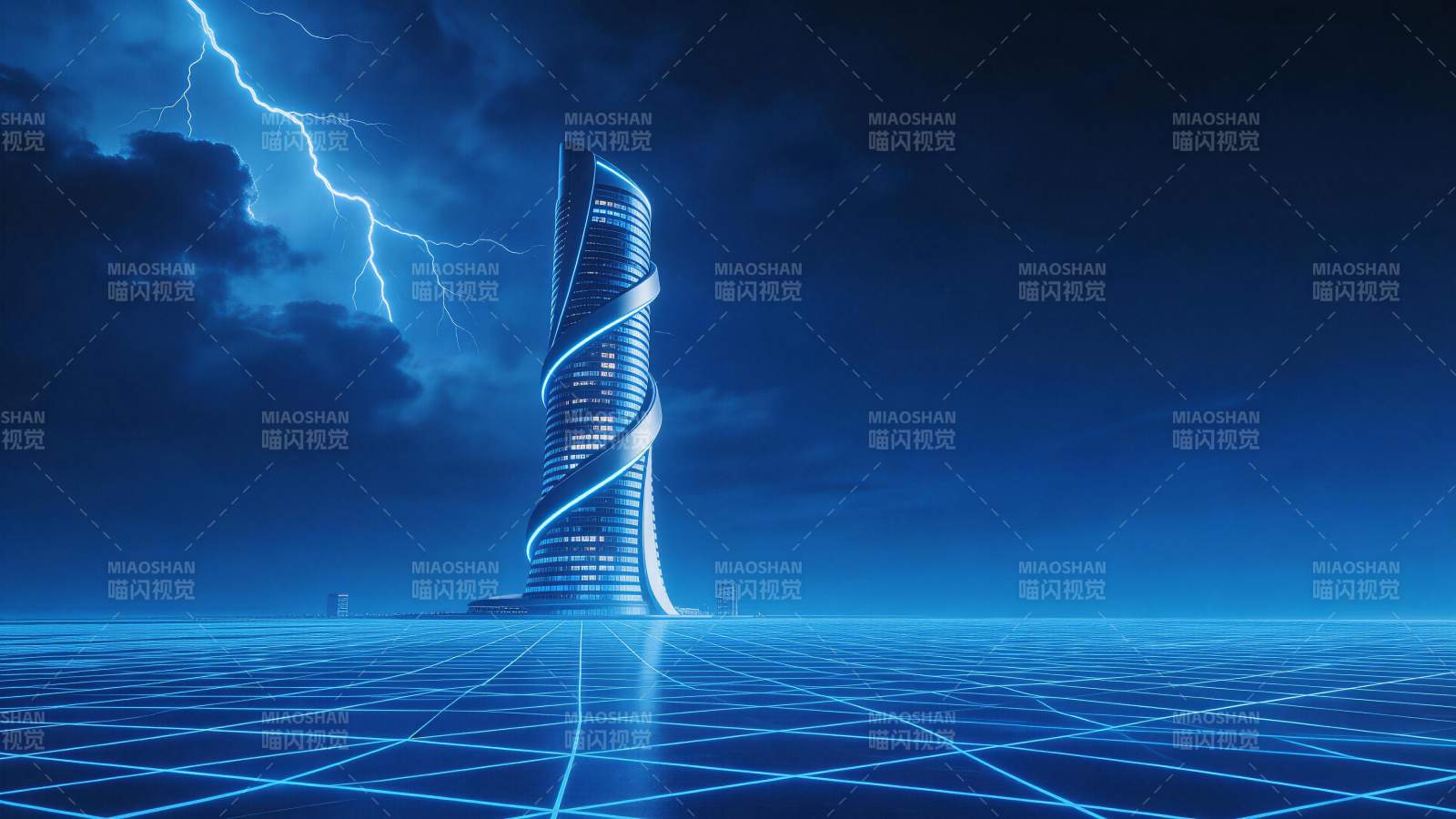 螺旋形摩天大楼在雷暴夜空下发光图片