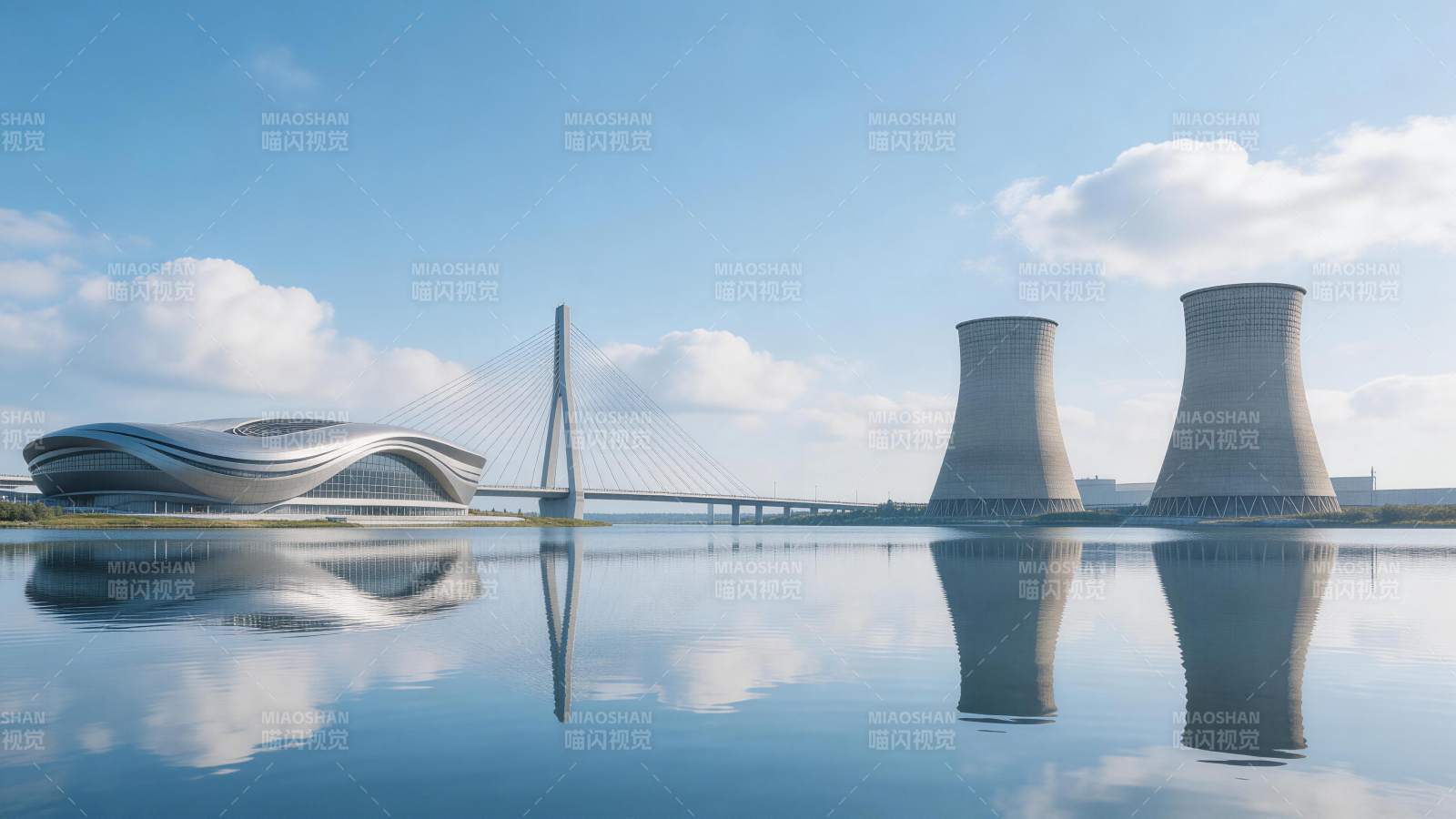 现代建筑群与冷却塔倒映在平静水面图片