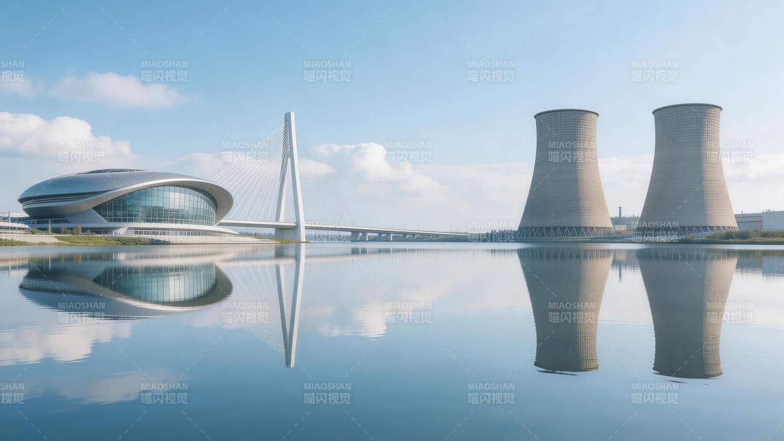 现代建筑与冷却塔倒影在平静水面图片