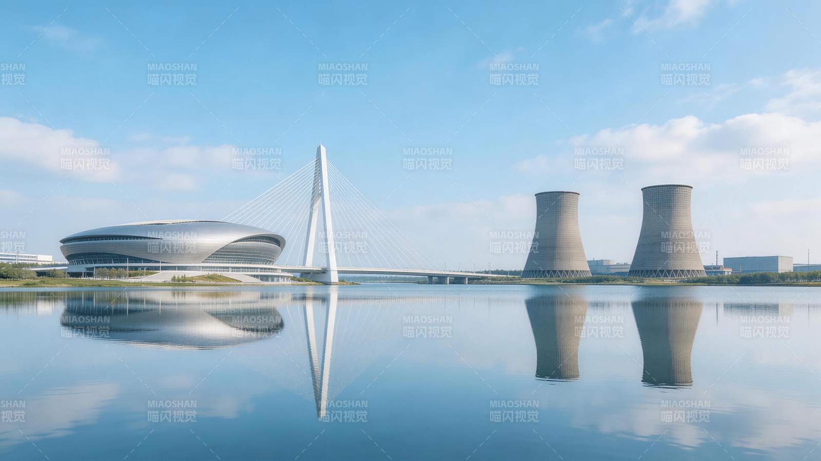 现代建筑与冷却塔倒影在平静水面图片