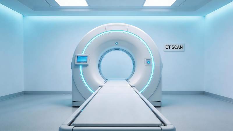 现代化CT扫描设备置于洁净医疗室内图片