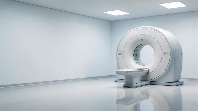 白色医疗室内大型环形扫描设备静置场景图片