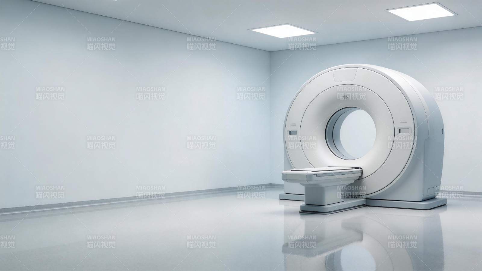 白色医疗室内大型环形扫描设备静置场景图片