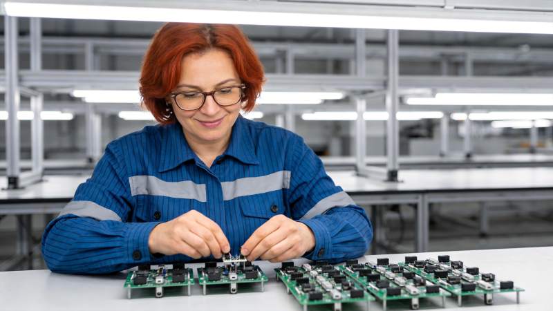 女工人在车间组装电子电路板组件图片