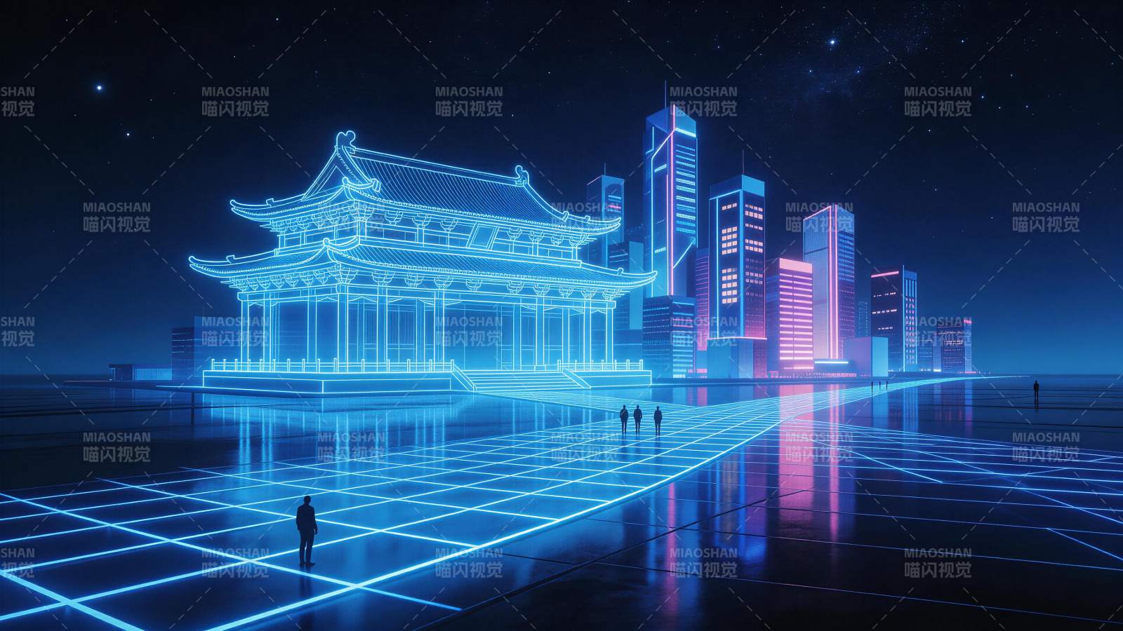 霓虹光效古建筑与现代高楼并置夜景图片