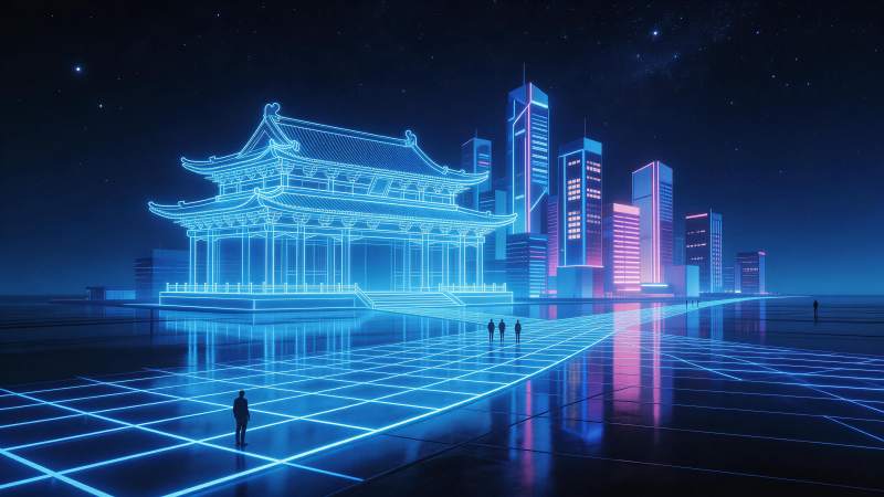 霓虹光效古建筑与现代高楼并置夜景图片