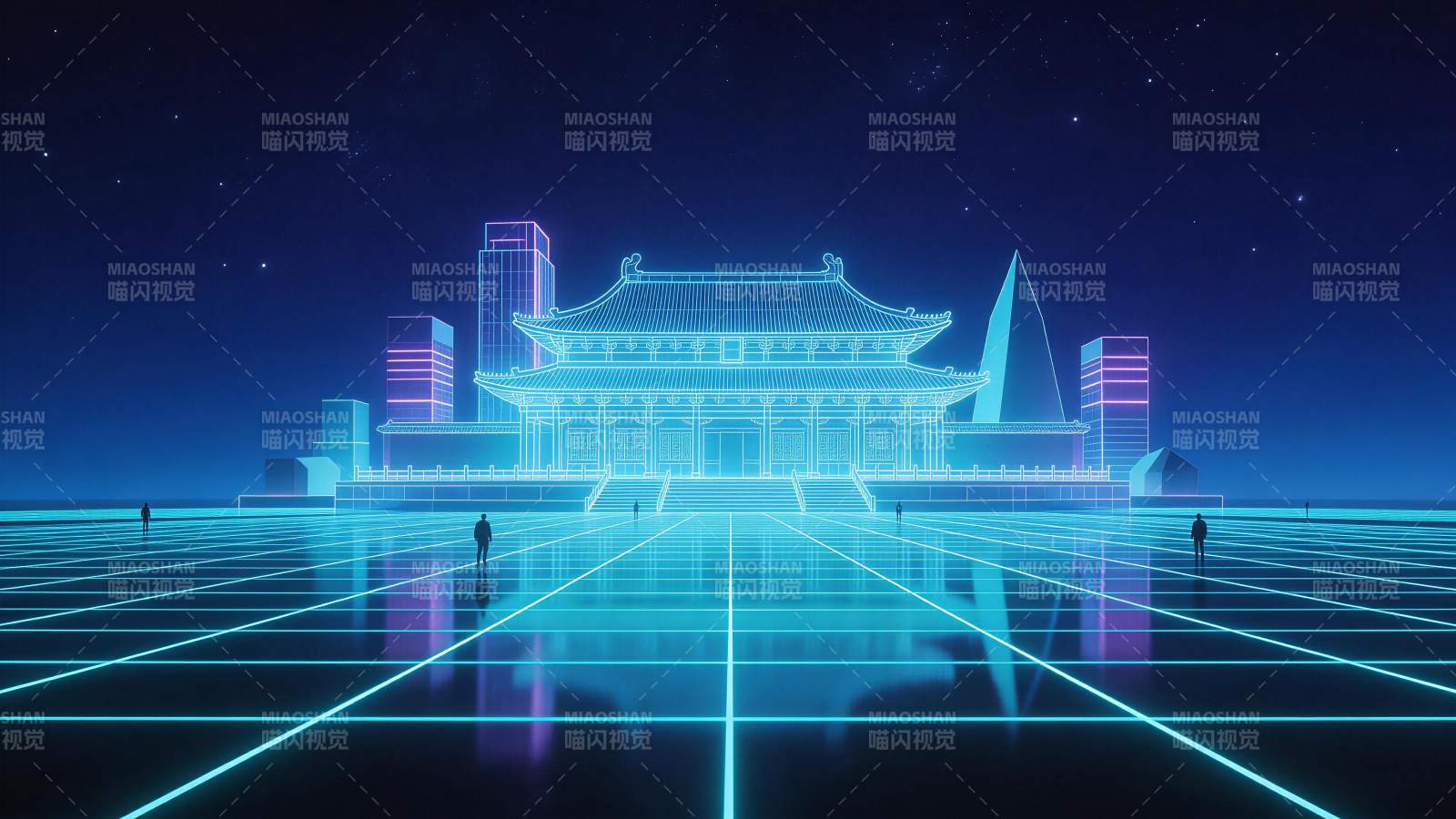 霓虹线条勾勒的古风建筑与未来网格地面图片