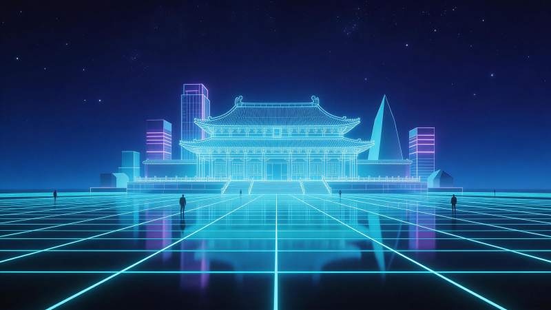 霓虹线条勾勒的古风建筑与未来网格地面图片