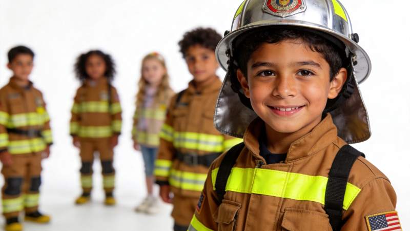 身穿消防服的儿童合影展示职业体验场景图片