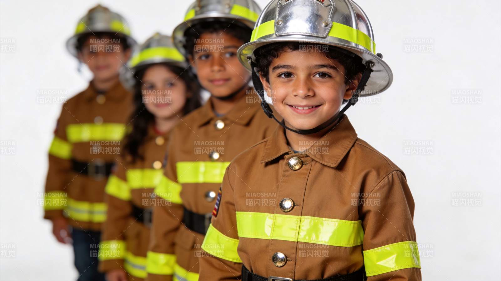 四名儿童身穿消防员制服佩戴头盔合影图片