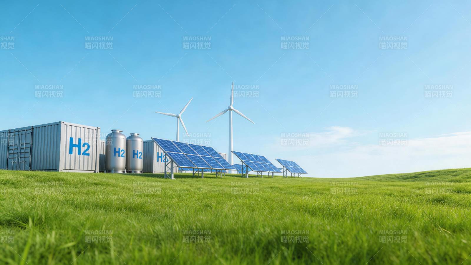 绿色草地上氢能储罐与太阳能风能发电设施图片