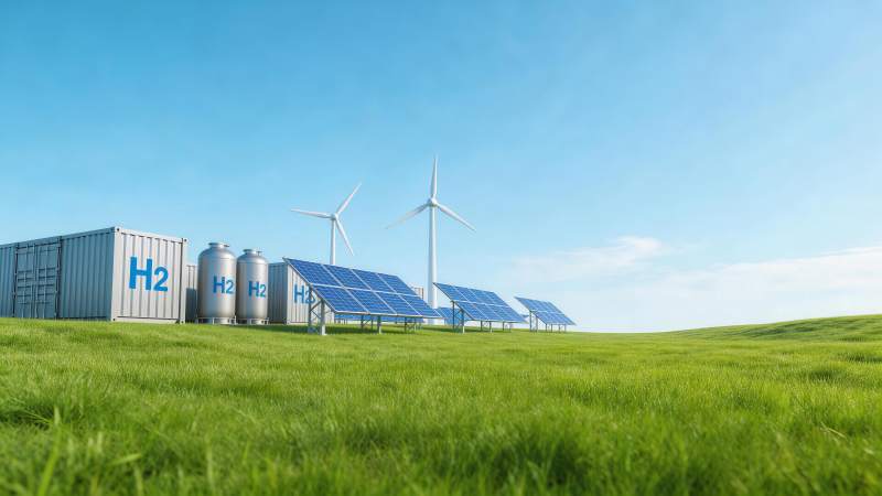 绿色草地上氢能储罐与太阳能风能发电设施图片