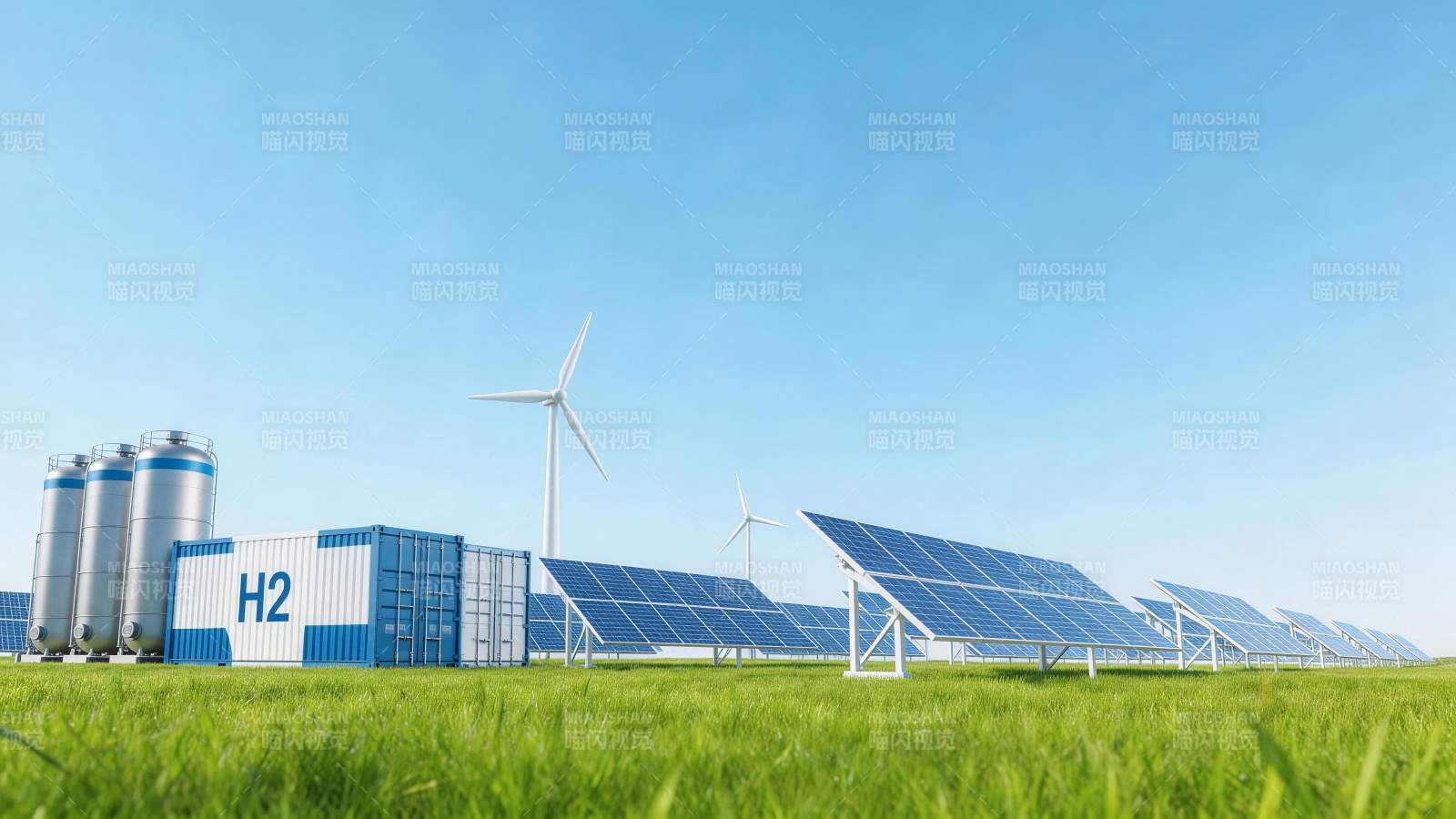 绿色草地上太阳能板风力发电机与氢能储罐设图片