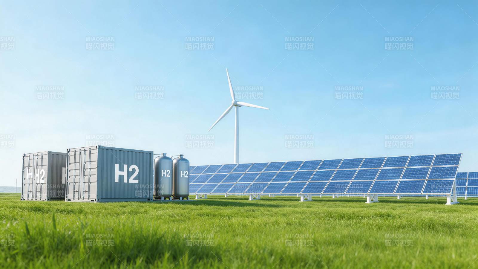 绿色草地上氢能储罐与太阳能板风力机组合图片