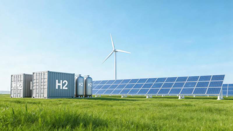 绿色草地上氢能储罐与太阳能板风力机组合图片
