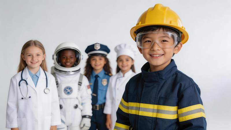 五名儿童身着不同职业服装合影图片