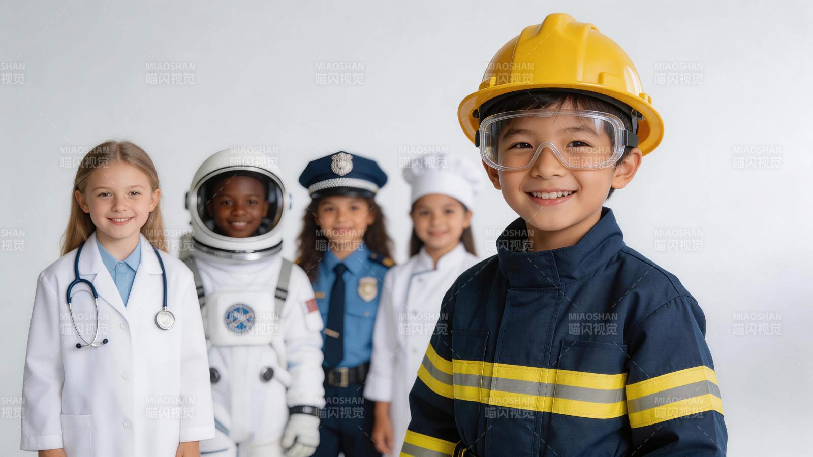 五名儿童身着不同职业服装合影图片
