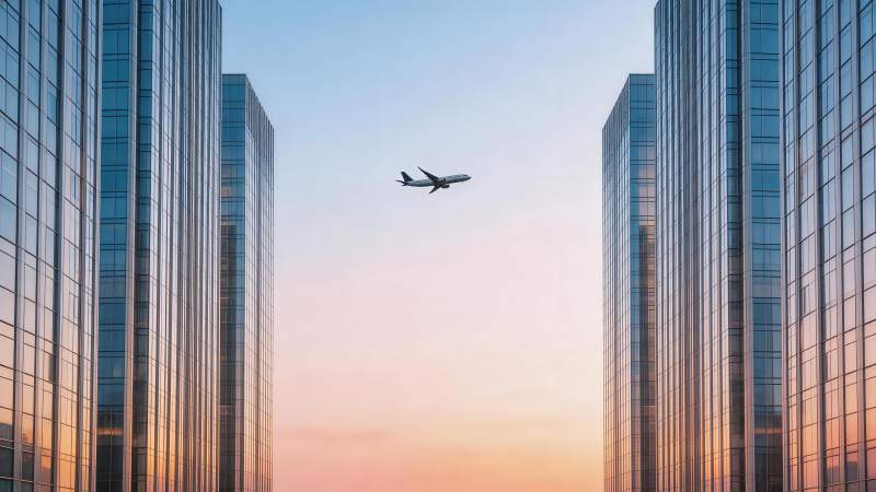 城市高楼间飞行的客机与晚霞天空图片