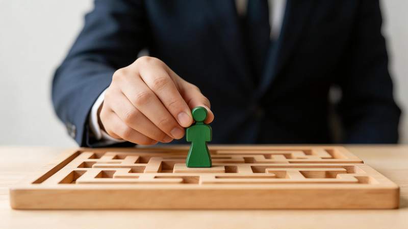 商务人士手持绿色人偶置于木质迷宫中央图片