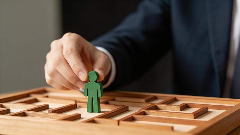 商务人士手持绿色人形棋子置于木质迷宫上图片