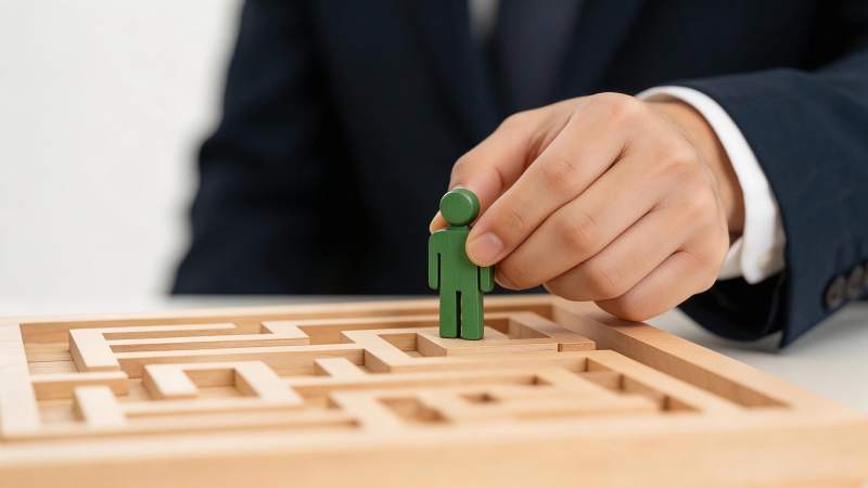 手握绿色人形棋子置于木质迷宫起点图片