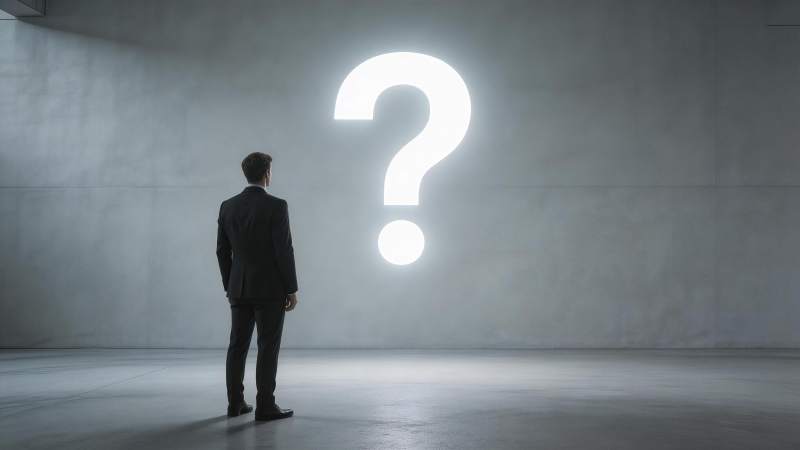 西装男子背对站立凝视发光问号符号图片