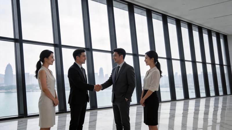 四位职场人士在落地窗前握手交流图片
