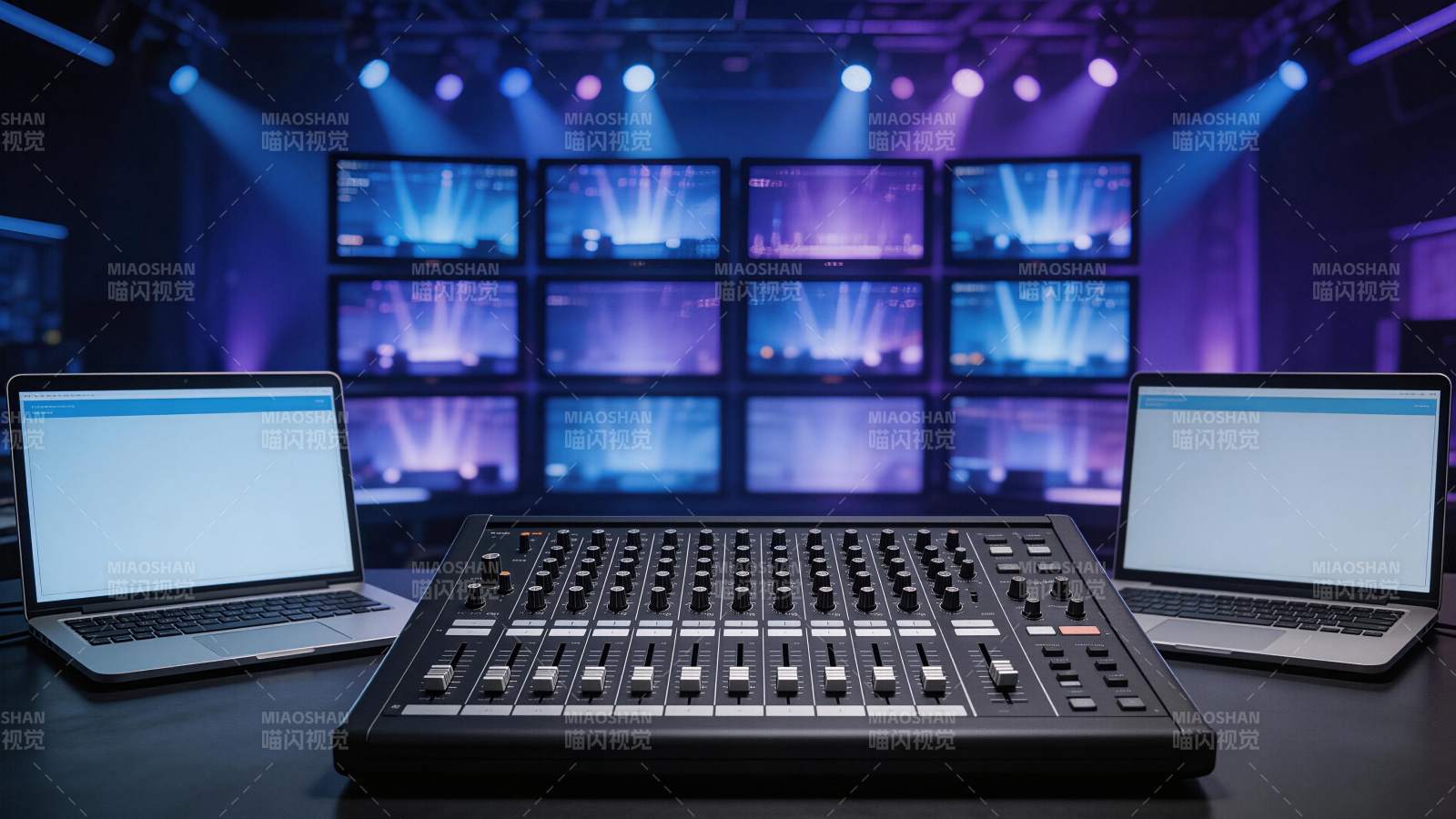 专业音频调音台与双笔记本电脑演播室场景图片