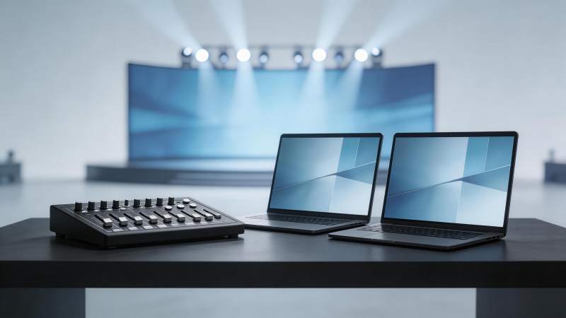 舞台灯光下桌面上的两台笔记本与调音台设备图片