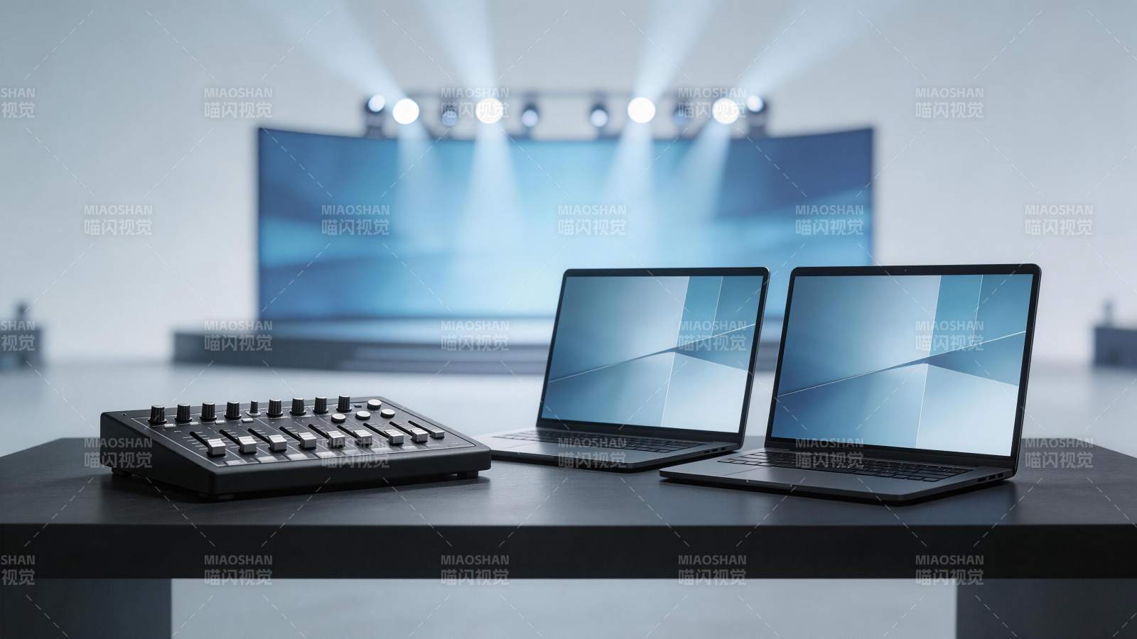 舞台灯光下桌面上的两台笔记本与调音台设备图片