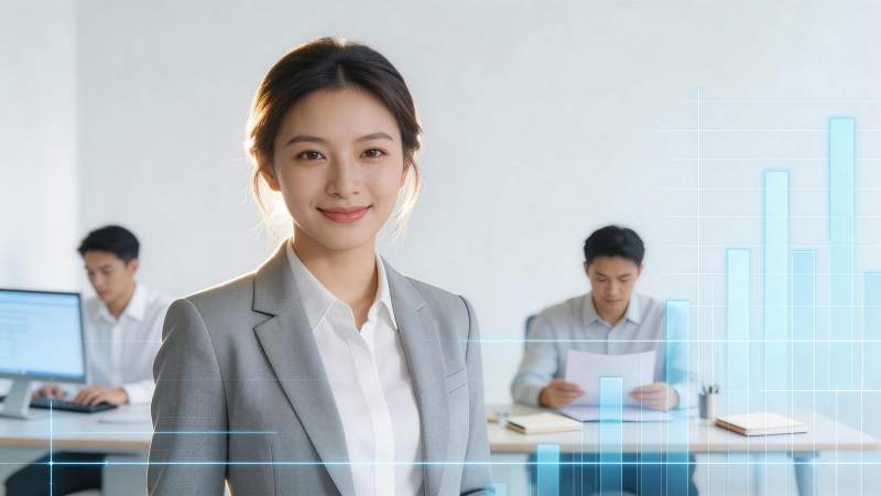 职场女性微笑面对镜头背景有同事办公图片